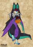  2020 4_toes 5_fingers alishka ambiguous_gender anthro canid canine clothing costume digital_media_(artwork) english_text fingers hi_res mammal open_mouth purple_eyes smile solo standing teeth text toes tongue 