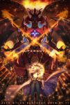  1boy blonde_hair character_name coat dragon fire gloves grey_pants hair_between_eyes highres jack_atlas looking_at_viewer male_focus pants red_dragon_archfiend standing torinomaruyaki white_gloves yu-gi-oh! yu-gi-oh!_5d&#039;s 