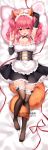  1girl animal_ear_fluff animal_ears apron arm_up bangs bare_shoulders black_dress blush breasts brown_legwear cleavage collarbone dress fate/extra fate_(series) fox_ears fox_girl fox_shadow_puppet fox_tail frills hair_between_eyes highres large_breasts long_hair looking_at_viewer lying maid maid_headdress on_back open_mouth pillow pink_hair red_ribbon ribbon shouu-kun sidelocks smile solo tail tamamo_(fate)_(all) tamamo_no_mae_(fate) thighhighs twintails waist_apron white_apron yellow_eyes 