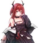  1girl arknights bangs bare_shoulders black_dress breasts cleavage collarbone commentary detached_collar dress hand_up highres horns long_hair long_sleeves looking_at_viewer medium_breasts purple_eyes red_hair ryn_(rinorea) simple_background solo surtr_(arknights) upper_body very_long_hair white_background 