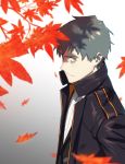  1boy autumn_leaves bags_under_eyes brown_eyes fate/grand_order fate_(series) gradient gradient_background grey_hair highres ikezawa_shin long_coat looking_to_the_side saitou_hajime_(fate) smile 