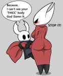  angry anthro arthropod baka breasts butt duo english_text female flirting hi_res hollow_knight hornet_(hollow_knight) insect male male/female protagonist_(hollow_knight) pulling_clothing size_difference smaller_male speech_bubble team_cherry text tonytoran video_games 