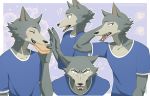  2020 absurd_res angry anthro beastars blush canid canine canis clothed clothing eating fangs food fur grey_body grey_fur hi_res legoshi_(beastars) male mammal multicolored_body multicolored_fur riska_(artist) sandwich_(food) signature simple_background solo suprised_look wolf 