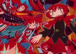  1girl abstract abstract_background black_shirt blue_bow bow capelet colorful disembodied_head eye_beam floating_head hair_bow hito_(nito563) long_sleeves multiple_heads no_mouth no_nose red_capelet red_eyes red_hair red_skirt ribbon_trim sekibanki shirt short_hair skirt smile solo touhou 