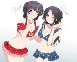  2girls ;d absurdres bare_arms bare_shoulders bikini bikini_skirt black_hair blue_bikini blue_choker blue_eyes bracelet breasts brown_eyes choker cleavage commentary_request cowboy_shot dutch_angle earrings frilled_bikini frills gradient gradient_background grin hair_ribbon halterneck hatorika_siso highres idolmaster idolmaster_shiny_colors jewelry long_hair mayuzumi_fuyuko medium_breasts mitsumine_yuika multiple_girls navel no_eyewear one_eye_closed open_mouth red_bikini red_ribbon ribbon smile stomach swimsuit twintails two_side_up white_background 