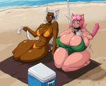  animal_humanoid beach bell big_breasts bikini breast_size_difference breasts cat_humanoid cleavage clothed clothing collar duo felid felid_humanoid feline feline_humanoid female huge_breasts humanoid jingle_bell mammal mammal_humanoid on_towel one-piece_swimsuit seaside spiralingstaircase swimwear thick_thighs towel 