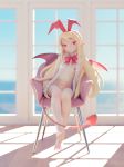  1girl 3d bare_arms bare_shoulders barefoot beanis blender_(medium) blonde_hair blurry blurry_background blurry_foreground bottomless bow bowtie chair commentary day demon_tail demon_wings depth_of_field disgaea earrings english_commentary flat_chest flonne full_body hairband highres indoors jewelry long_hair looking_at_viewer makai_senki_disgaea navel nipples pointy_ears red_bow red_eyes red_hairband red_neckwear red_tail red_wings sitting solo tail very_long_hair window wings 