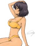  1girl 2020 arm_support arm_up bikini breasts brown_hair bukkuri cleavage dated from_side girls_und_panzer green_eyes hand_on_own_head highres hoshino_(girls_und_panzer) large_breasts short_hair sketch solo swimsuit tan thighs white_background yellow_bikini 
