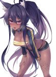  1girl :d ahoge animal_ear_fluff animal_ears bandeau bare_arms bare_shoulders bent_over black_choker black_hair black_panties breasts choker cleavage dark_skin gold_trim hands_on_own_thighs heavy_breathing highres jingo long_hair long_sleeves looking_at_viewer medium_breasts micro_shorts midriff open_fly open_mouth original panties ponytail purple_eyes shorts shrug_(clothing) simple_background smile solo standing string_panties striped sweat thighs tongue tongue_out underwear very_long_hair white_background 