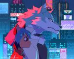  2020 absurd_res anthro beastars black_collar brand_new_animal building canid canine canis chest_tuft city collar detailed_background duo female fur haru_(beastars) hi_res legoshi_(beastars) male mammal michiru_kagemori multicolored_body neon_colors neon_lights outside parody riska_(artist) shaded shirou_ogami studio_trigger text tuft two_tone_body url wolf 