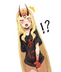  !? 1girl black_shirt blonde_hair blush clenched_hand commentary_request covering covering_crotch facial_mark fangs fate/grand_order fate_(series) forehead_mark highres horns ibaraki_douji_(fate/grand_order) long_hair looking_at_viewer no_eyebrows oni oni_horns open_mouth pointy_ears shirt shirt_tug short_sleeves simple_background solo sweatdrop tattoo translated ugo_(artist) veins white_background yellow_eyes 