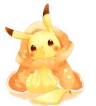  blanket brown_eyes commentary_request daijoubu_da_mondai_nai fur gen_1_pokemon no_humans open_mouth pikachu pokemon pokemon_(creature) sitting solo tongue ushiina white_background 