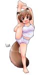  1girl :d animal_ear_fluff animal_ears armpits artist_name bangs bare_legs barefoot blue_camisole blue_panties blush bow bow_panties breasts brown_eyes brown_hair camisole collarbone commentary eyebrows_visible_through_hair feet full_body hair_between_eyes hand_on_own_leg large_breasts lee_(colt) leg_up looking_at_viewer miku_(lee) open_mouth oppai_loli original panties raccoon_ears raccoon_girl raccoon_tail short_hair simple_background smile solo split standing standing_on_one_leg standing_split tail toes underwear underwear_only white_background 