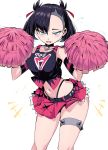  1girl bangs black_hair breasts cheerleader green_eyes highres large_breasts looking_at_viewer marnie_(pokemon) midriff miniskirt navel open_mouth pokemon pokemon_(game) pokemon_swsh pom_poms red_skirt shimure_(460) short_hair skirt solo thigh_strap 