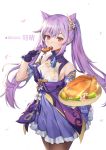  1girl bare_shoulders breasts brown_legwear character_name chicken_(food) cleavage cowboy_shot detached_sleeves dress eating food genshin_impact gloves hair_ornament highres holding holding_food keqing long_hair looking_at_viewer pantyhose piyo_(pixiv_2308057) plate purple_dress purple_gloves purple_hair red_eyes see-through sidelocks simple_background small_breasts solo standing twintails white_background 