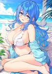  1girl bare_shoulders barefoot bikini blue_eyes blue_hair blue_jacket breasts cleavage collarbone cu-no day frilled_bikini frills front-tie_bikini front-tie_top hair_between_eyes hisen_kaede jacket jewelry kohitsuji_ai large_breasts long_hair looking_at_viewer navel necklace ocean off_shoulder open_clothes open_jacket open_mouth outdoors sitting smile solo stomach strap_gap swimsuit thighs white_bikini 