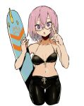  1girl bikini bikini_top black-framed_eyewear black_bikini ddari fate/grand_order fate_(series) glasses hair_over_one_eye highres holding holding_surfboard light_purple_hair looking_at_viewer mash_kyrielight pointing purple_eyes semi-rimless_eyewear simple_background sketch solo surfboard swimsuit white_background 