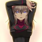  1girl backlighting beni_(bluebluesky) blue_eyes breasts girls_und_panzer grey_hair highres itsumi_erika jacket kuromorimine_military_uniform long_hair looking_at_viewer medium_breasts parted_lips red_shirt shirt solo upper_body 