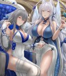  2girls :d absurdres animal_ear_fluff animal_ears archstreal azur_lane bangs bare_shoulders blue_butterfly blue_dress blue_eyes blush breasts cleavage cup dress earrings elbow_gloves feather_boa fingerless_gloves fox_ears gloves grey_hair hair_ornament highres holding holding_cup jewelry kitsune large_breasts long_hair looking_at_viewer mole mole_under_eye multiple_girls multiple_tails open_mouth red_eyes saint-louis_(azur_lane) saint-louis_(brilliant_paladin)_(azur_lane) shinano_(azur_lane) shinano_(light_of_the_hazy_moon)_(azur_lane) sitting sleeveless sleeveless_dress smile solo tail thighhighs very_long_hair white_dress white_legwear 