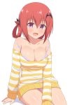  1girl bangs bare_shoulders bat_hair_ornament blush bra breasts cleavage collarbone commentary_request eyebrows_visible_through_hair fang gabriel_dropout hair_between_eyes hair_ornament highres kurumizawa_satanichia_mcdowell large_breasts long_sleeves looking_at_viewer nyaroon open_mouth panties pink_eyes purple_panties red_hair shirt short_hair simple_background sitting smile solo striped striped_shirt thighs underwear white_background 