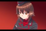  1girl beni_(bluebluesky) brown_eyes brown_hair expressionless garrison_cap girls_und_panzer hair_between_eyes hat highres jacket kuromorimine_military_uniform letterboxed nishizumi_maho red_background red_shirt shirt solo 