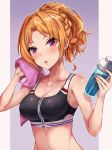  1girl :o bangs bare_arms bare_shoulders blush bottle breasts cleavage collarbone eyebrows_visible_through_hair gradient gradient_background hasumushi highres holding holding_bottle holding_towel idolmaster idolmaster_cinderella_girls kiryuu_tsukasa_(idolmaster) looking_at_viewer medium_breasts navel open_mouth orange_hair parted_bangs ponytail purple_background purple_eyes short_hair solo sports_bra towel upper_body v-shaped_eyebrows zipper 