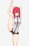  1girl absurdres ahoge allen.n armpits barefoot highres holding_leg looking_at_viewer original red_eyes red_hair short_hair_with_long_locks short_shorts shorts simple_background sleeveless solo split standing standing_on_one_leg standing_split 