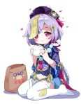  1girl :t bag baozi black_headwear closed_mouth colored_shadow commentary_request dress eating food full_body genshin_impact hair_ornament hat heart highres holding holding_food long_sleeves makuran no_shoes paper_bag purple_dress purple_hair qing_guanmao qiqi red_eyes shadow short_hair sitting soles solo thighhighs wariza white_background white_legwear wide_sleeves 
