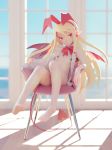  1girl 3d bare_arms bare_shoulders barefoot beanis blender_(medium) blonde_hair blurry blurry_background blurry_foreground bottomless bow bowtie chair commentary day demon_tail demon_wings depth_of_field disgaea earrings english_commentary flat_chest flonne full_body hairband highres indoors jewelry long_hair looking_at_viewer makai_senki_disgaea navel nipples pointy_ears red_bow red_eyes red_hairband red_neckwear red_tail red_wings sitting smile solo tail very_long_hair window wings 