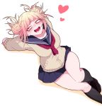  1girl black_skirt blonde_hair blue_sailor_collar blush boku_no_hero_academia brown_footwear cardigan double_bun fangs heat highres kneehighs long_sleeves okumari open_mouth red_neckwear sailor_collar school_uniform serafuku shoes simple_background skirt smile solo teeth thighs toga_himiko white_background yellow_eyes 