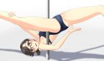  1girl ass black_hair commentary_request competition_swimsuit glasses highres looking_at_viewer one-piece_swimsuit open_mouth original pole pole_dancing short_hair smile solo split spread_legs swimsuit takafumi upper_teeth upside-down 