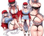  1girl ankle_strap arms_up ass bangs baseball_cap belt black_bra black_panties blue_dress blush bra breasts burakku-ra bursting_breasts cleavage collarbone commentary commission dress hat highres huge_breasts jacket leaning_forward long_hair looking_at_viewer multiple_views open_clothes open_jacket original panties purple_eyes red_jacket sandals shaded_face short_dress short_hair silver_hair simple_background smile thigh_strap underwear undressing very_long_hair white_background 