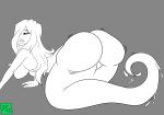  apode big_butt breasts butt draconcopode female grey_background hair hair_over_eye hi_res huge_butt lamia monochrome one_eye_obstructed oozee reptile scalie serpentine simple_background snake solo split_form 
