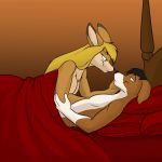  1:1 anthro bed blonde_hair blue_eyes breasts brown_body brown_fur brown_hair canid canine canis domestic_dog duo female fox foxenawolf fur furniture hair jennifer_sherwood long_hair male male/female mammal nude pillow 