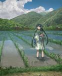  1girl bad_id bad_pixiv_id blue_sash building cloud day forest grass green_eyes green_hair green_kimono highres hill holding_plant japanese_clothes kimono long_hair looking_to_the_side mountain nature obi open_mouth original outdoors reflective_water rice_paddy ripples rural sash scenery shadow shichigatsu sky solo standing twintails very_long_hair wading water yayoi_(shichigatsu) 