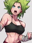  1girl blue_eyes clenched_hand collarbone dragon_ball dragon_ball_super earrings fingerless_gloves gloves green_hair grey_background jewelry kefla_(dragon_ball) kemachiku looking_up midriff navel open_mouth potara_earrings short_hair simple_background solo sweat teeth upper_teeth white_gloves 