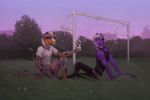  anthro ariadog bouquet canid canine canis commission_art domestic_cat domestic_dog duo eye_contact felid feline felis field fur grass looking_at_another male male/male mammal multicolored_body multicolored_fur on_grass outside purple_body purple_fur purple_sky purple_tail romantic_couple sitting sky soccer_field spots spotted_body spotted_fur spotted_tail tree wind ych_commission 