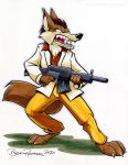  2020 angry anthro black_nose brian_reynolds brown_body brown_fur brown_hair canid canine canis fur gun hair hi_res male mammal open_mouth ranged_weapon simple_background solo teeth toonfx weapon white_background wolf 