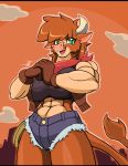  abs absurd_res anthro arizona_cow_(tfh) black_bars bottomwear bovid bovine cattle clothing cloud droll3 female fist gloves handwear hi_res horn lasso letterbox looking_at_viewer mammal mountain muscular muscular_anthro muscular_female shorts solo sunset them&#039;s_fightin&#039;_herds topwear vest 