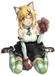 1girl akatsuki_kirika animal_ears bare_shoulders blonde_hair blush breasts cat_ears closed_mouth collarbone dress eyebrows_visible_through_hair frilled_dress frills full_body gloves green_eyes hair_ornament hairclip large_breasts looking_at_viewer one_eye_closed paw_gloves paws senki_zesshou_symphogear shiny shiny_hair short_hair simple_background solo striped striped_legwear thighhighs tongue tongue_out tsukamoto_kensuke white_background 