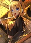  1girl :p alternate_breast_size bangs black_serafuku black_skirt blonde_hair blue_eyes blurry bow breasts carrying_over_shoulder chain-link_fence commentary crop_top depth_of_field fence flipped_hair from_side hair_bow hair_ornament hairclip headphones highres kagamine_rin long_sleeves looking_at_viewer medium_breasts midriff rettou_joutou_(vocaloid) road_sign school_uniform serafuku short_hair sign skirt skirt_set smile solo soramame_pikuto swept_bangs tongue tongue_out upper_body vocaloid yellow_theme 
