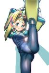  1girl :3 android blonde_hair blue_eyes blush breasts capcom dgrp_(minhduc12333) highres leg_up palette_(rockman) robot_ears rockman rockman_x simple_background small_breasts smile solo split standing standing_on_one_leg standing_split white_background 