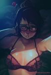  1girl absurdres armpits artist_name bangs bare_shoulders black-framed_eyewear blush bow bow_bra bra breasts brown_eyes brown_hair cleavage collarbone commentary english_commentary glasses hair_bun hair_ornament hair_stick hand_up highres large_breasts lips looking_at_viewer lying mei_(overwatch) night nose on_back on_bed overwatch parted_lips pink_lips rawrden reaching_out red_bra self_shot short_hair sidelocks solo sweat swept_bangs taking_picture teeth underwear underwear_only upper_body 