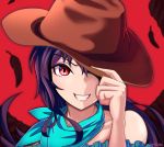  1girl arm_up artist_name bandana bare_shoulders blue_shirt brown_headwear collarbone commentary_request cowboy_hat eyebrows_visible_through_hair feathers grin hand_on_headwear hat hat_over_one_eye kurokoma_saki long_hair looking_at_viewer off-shoulder_shirt off_shoulder purple_hair red_background red_eyes shirt simple_background smile solo teeth torinosuke touhou upper_body very_long_hair wings 