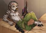  anthro bottomwear bulge clothed clothing equid equine facial_piercing gllorvillain green_eyes gun hi_res hooves male mammal mohawk_(hairstyle) muscular muscular_anthro muscular_male nipples nose_piercing nose_ring pants partially_clothed piercing ranged_weapon rifle solo topless weapon zebra zeke_white 