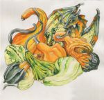  amber_eyes ambiguous_gender dragon feral food fruit gourd green_body green_scales grey_background heather_bruton horn licking licking_lips membrane_(anatomy) membranous_wings orange_body orange_scales plant scales simple_background solo squash_(fruit) tongue tongue_out wings yellow_body yellow_scales 