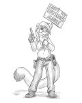  4:5 angry anthro breasts chubby_female cleavage clothed clothing cougar english_text felid feline female flinters fur gun hair handgun hi_res holding_object holding_sign mammal midriff monochrome ranged_weapon revolver slightly_chubby solo text weapon 