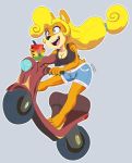  2020 activision anthro bandicoot beverage blonde_hair bottomwear breasts bubble_tea cleavage clothed clothing coco_bandicoot crash_bandicoot_(series) female hair mammal marsupial moped radicalweegee shorts solo suspended_in_midair vehicle video_games 