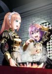  2girls bernadetta_von_varley cooking felicia_(fire_emblem) fire_emblem fire_emblem:_three_houses fire_emblem_fates frying_pan garreg_mach_monastery_uniform grey_eyes highres holding long_hair long_sleeves multiple_girls open_mouth pink_hair ponytail purple_hair short_hair sukkirito_(rangusan) uniform 