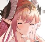  1girl ^_^ blush circe_(fate/grand_order) circlet closed_eyes fate_(series) feathers hair_feathers hair_flowing_over long_hair pink_hair pointy_ears portrait smile solo tsukise_miwa 